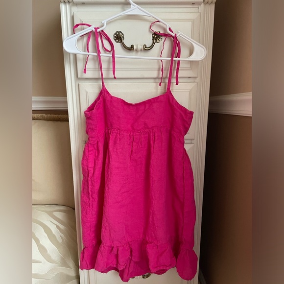 Zara Hot Pink Linen Ruffle Bow Shoulder Dress - Picture 5 of 6